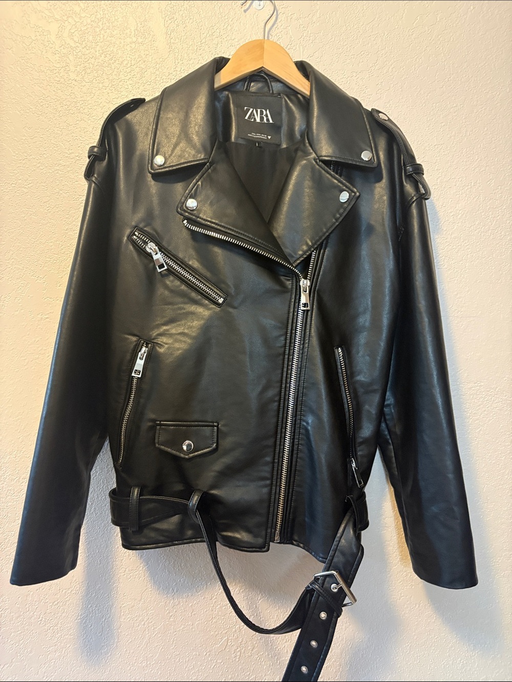 ZARA Size L Soft Black Faux Leather Moto Jacket Belted Rocker Chic Grunge